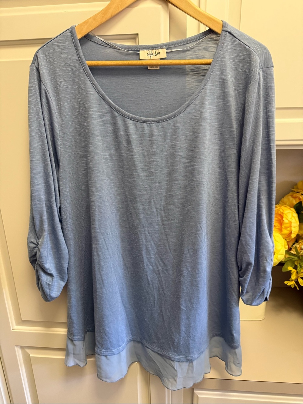 Style & Co. Light Blue Scoop Neck Long Sleeve Top with Sheer Hem